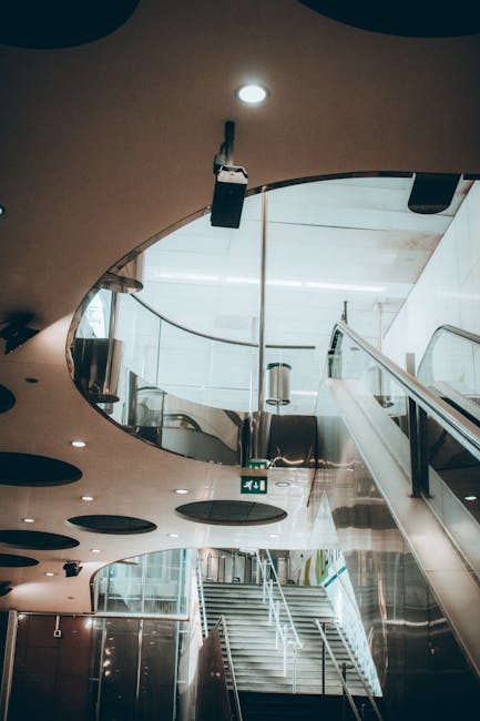 Interior view of a modern, multi-level commercial space with a curved, white ceiling featuring circular cutouts and integrated lighting. The area includes a glass balustrade with stainless steel handrails surrounding a staircase and an escalator. The floors are clean with a reflective surface, and the overall space is brightly lit with natural light from large windows, highlighting the pristine condition of the surfaces. The image demonstrates a well-maintained environment suitable for professional cleaning or deep sanitisation services, as offered by Cleaners Holland Park, to ensure hygiene and cleanliness in busy public or commercial settings.